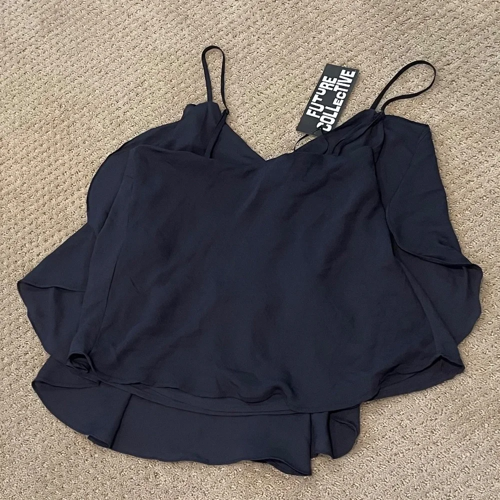 NWT Future Collective Black Ruffle Cami Tank Top Size Large